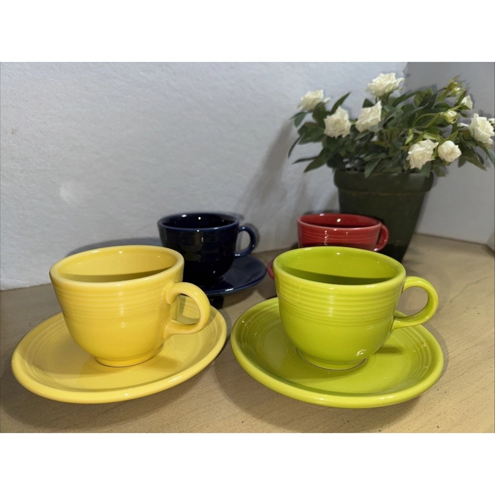 Homer Laughlin Fiesta Ware Set Of 4 Tea Cups & 4 Saucers Red Blue Green Yellow‎